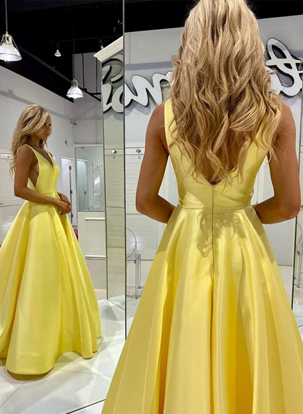 A-Line V-Neck Sleeveless Floor-Length Satin Prom Dresses With Pockets