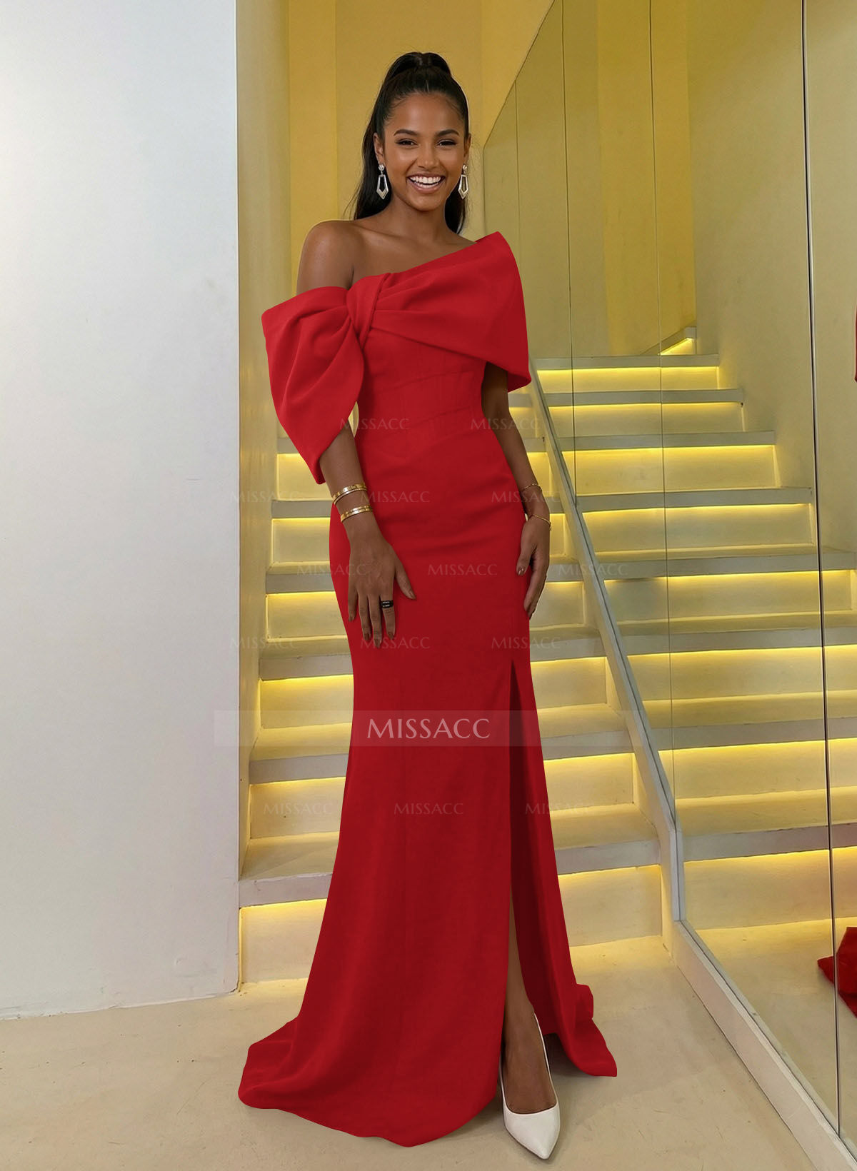 Sheath/Column One-Shoulder Elastic Satin Prom Dresses With Split Front