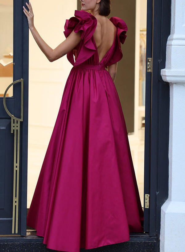 A-Line V-Neck Sleeveless Floor-Length Prom Dresses With Ruffle