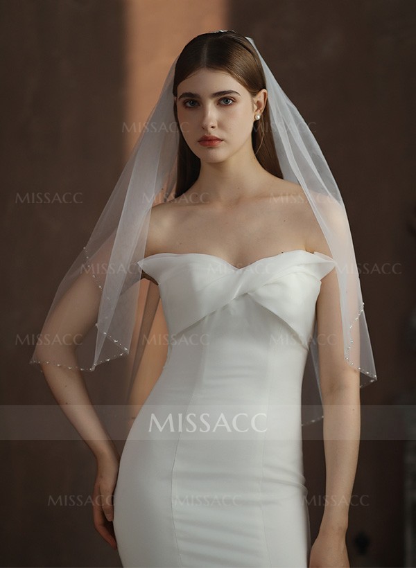 Beaded Edge Tulle Cascade Elbow Length Bridal Veils