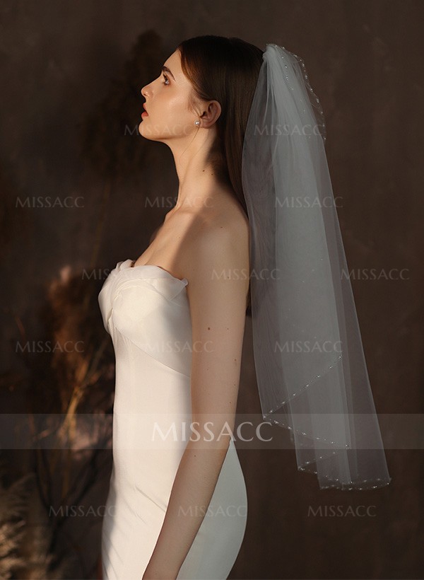 Beaded Edge Tulle Cascade Elbow Length Bridal Veils