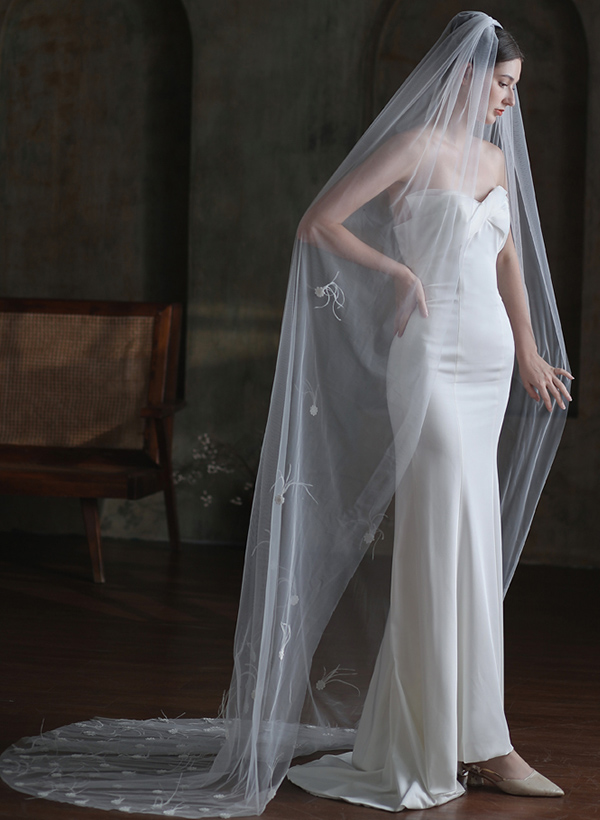 One-Tier Tulle Cathedral Bridal Veils With Floral