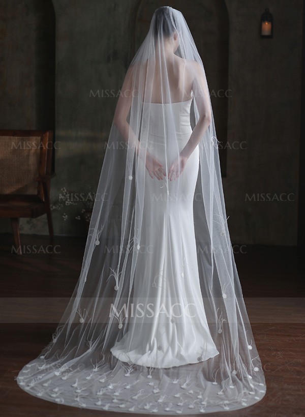 One-Tier Tulle Cathedral Bridal Veils With Floral