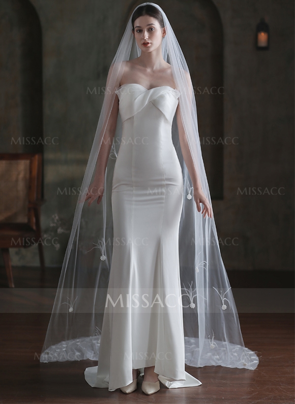 One-Tier Tulle Cathedral Bridal Veils With Floral