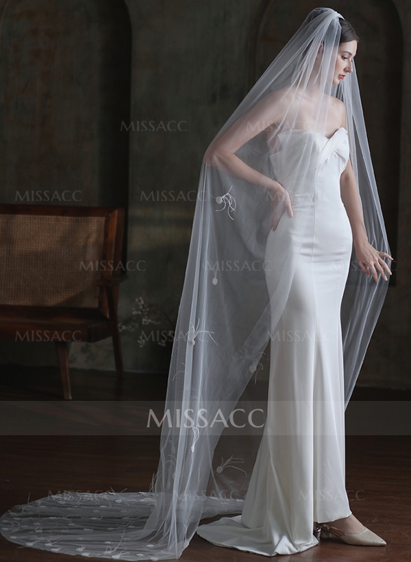 One-Tier Tulle Cathedral Bridal Veils With Floral