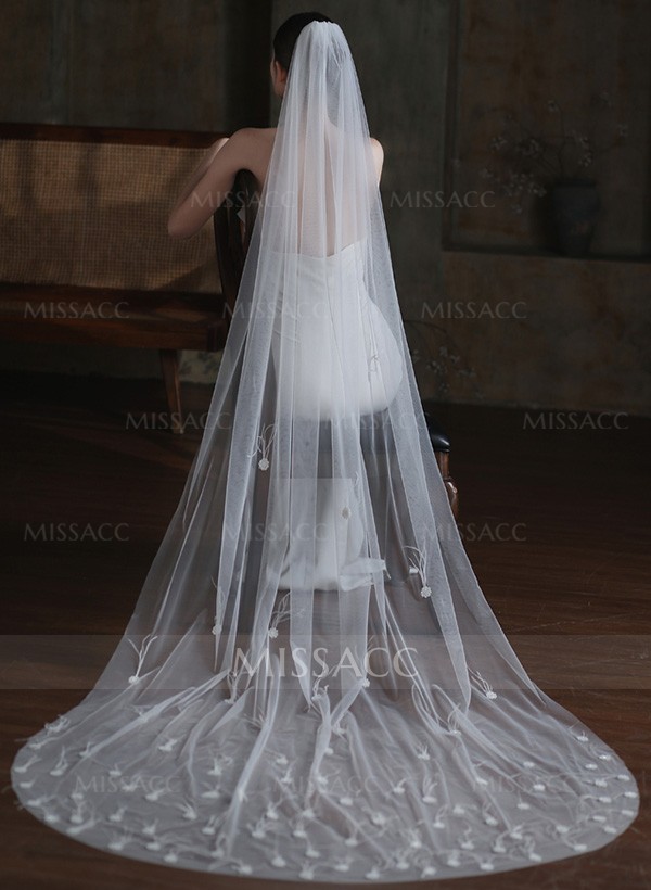 One-Tier Tulle Cathedral Bridal Veils With Floral