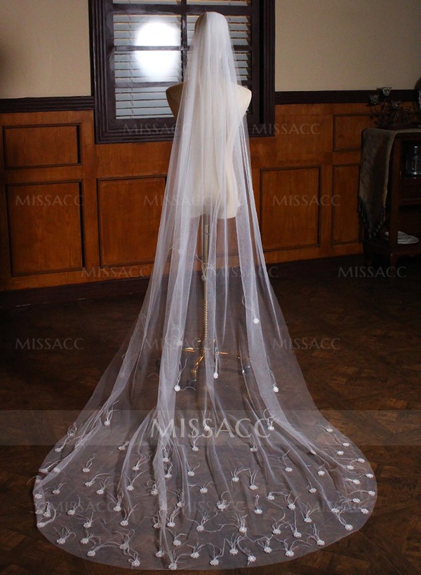 One-Tier Tulle Cathedral Bridal Veils With Floral