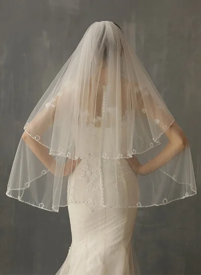 Beaded Edge Cascade Two-Tier Fingertip Wedding Veil
