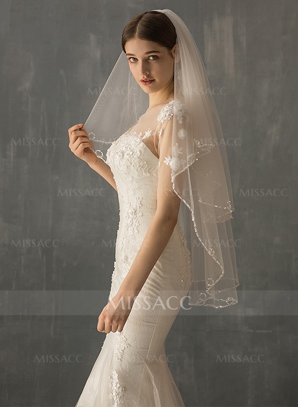 Beaded Edge Cascade Two-Tier Fingertip Bridal Veils