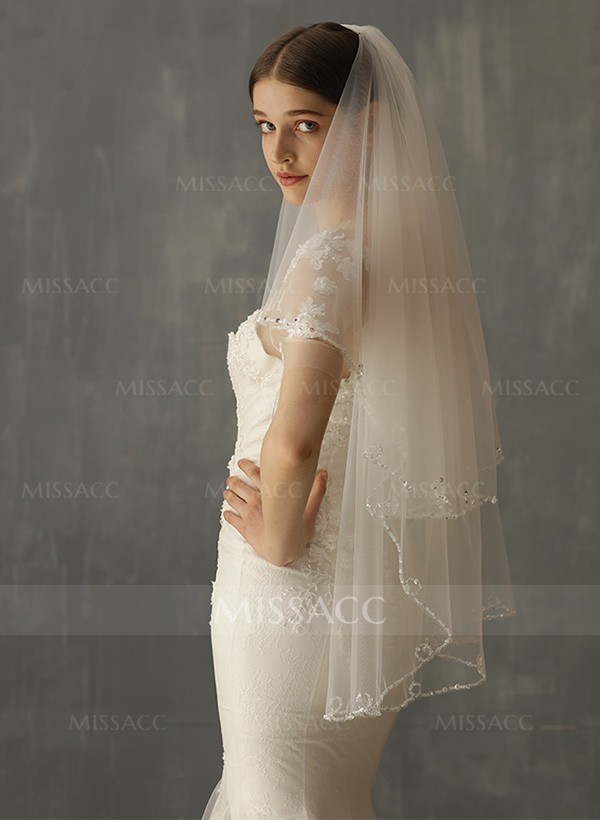 Beaded Edge Cascade Two-Tier Fingertip Bridal Veils