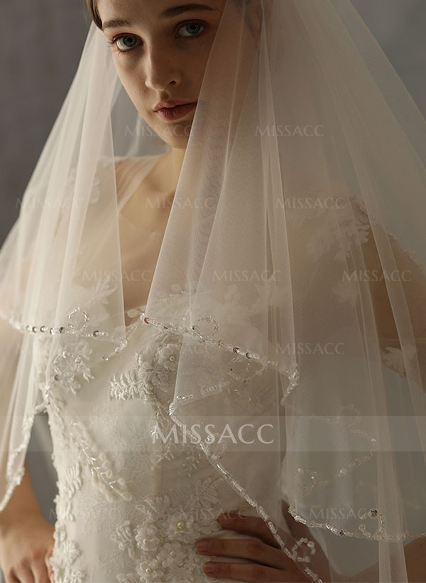 Beaded Edge Cascade Two-Tier Fingertip Bridal Veils