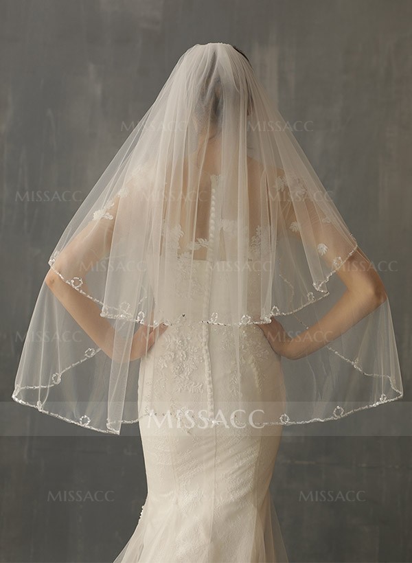 Beaded Edge Cascade Two-Tier Fingertip Bridal Veils