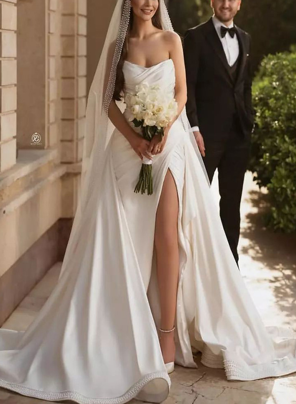 A-Line Sweetheart Sleeveless Sweep Train Satin Wedding Dresses With High Split