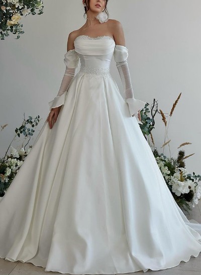 Ball-Gown Sweetheart Long Sleeves Silk Like Satin Wedding Dresses With Beading