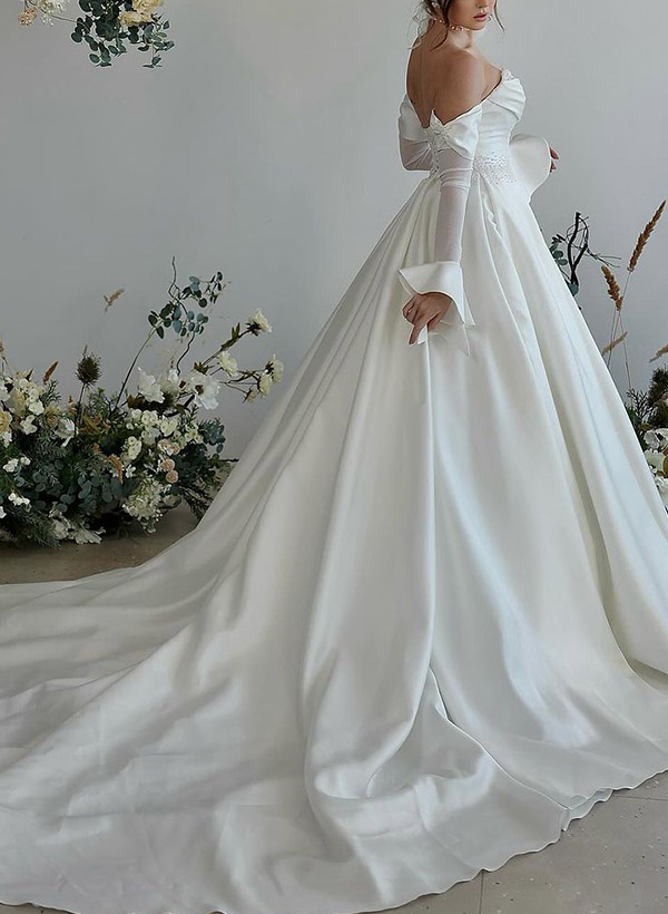 Ball-Gown Sweetheart Long Sleeves Silk Like Satin Wedding Dresses With Beading