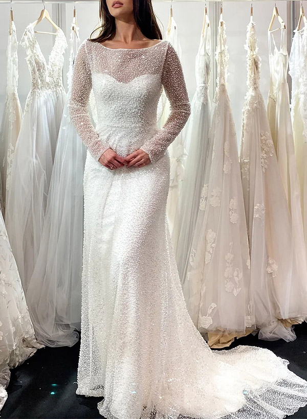 Sheath/Column Illusion Neck Long Sequined Wedding Dresses