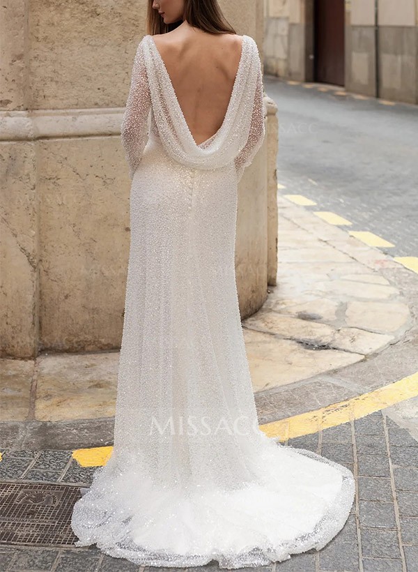 Sheath/Column Illusion Neck Long Sequined Wedding Dresses