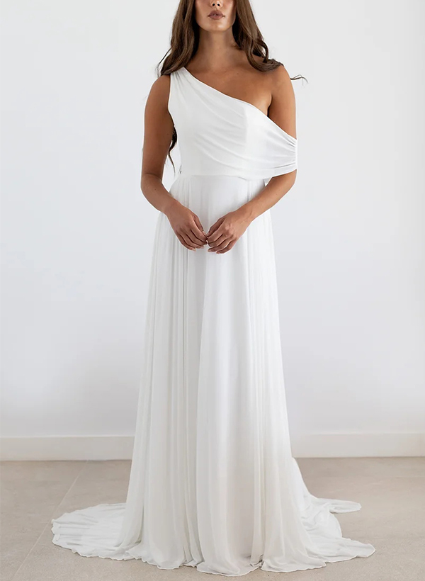 Sheath/Column One-Shoulder Sleeveless Sweep Train Chiffon Wedding Dresses