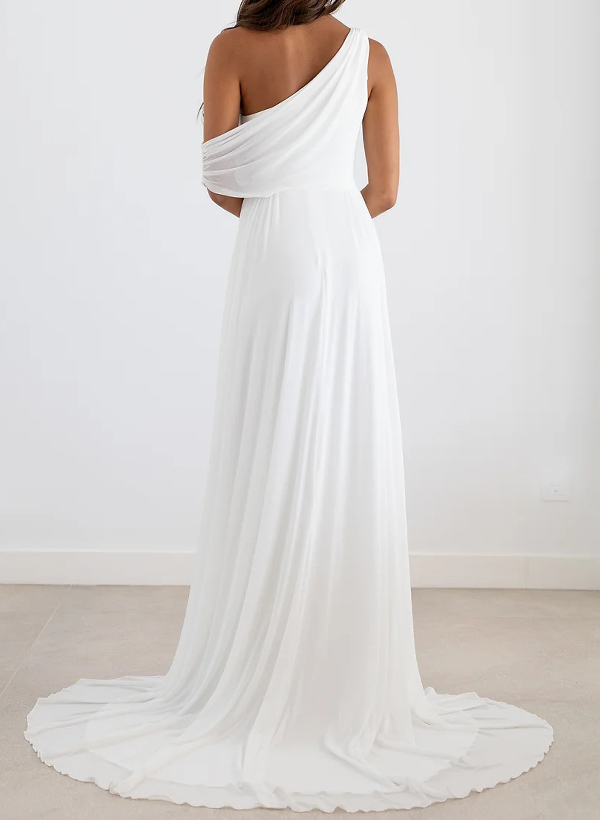 Sheath/Column One-Shoulder Sleeveless Sweep Train Chiffon Wedding Dresses