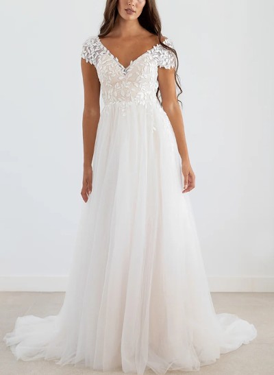 A-Line V-Neck Short Sleeves Sweep Train Lace/Tulle Wedding Dresses