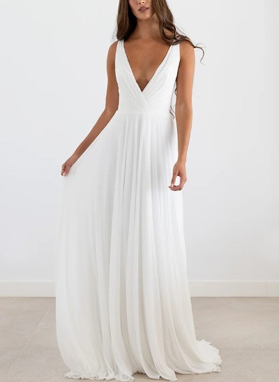 A-Line V-Neck Sleeveless Floor-Length Chiffon Wedding Dresses