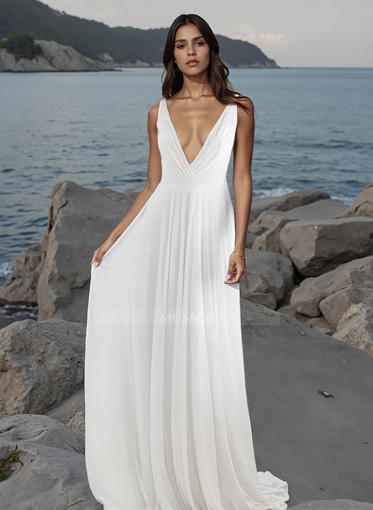 A-Line V-Neck Sleeveless Floor-Length Chiffon Wedding Dresses