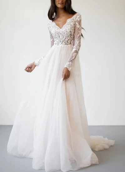 A-Line V-Neck Long Sleeves Tulle Wedding Dresses With Appliques Lace