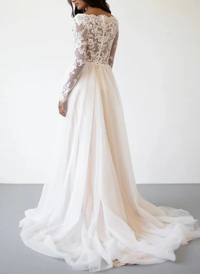 A-Line V-Neck Long Sleeves Tulle Wedding Dresses With Appliques Lace