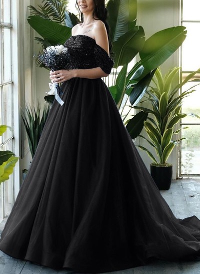 Ball-Gown Off-The-Shoulder Sleeveless Sequined Wedding Dresses