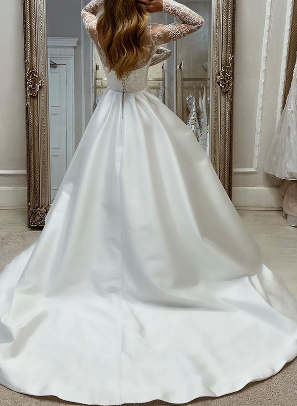 A-Line Illusion Neck Long Sleeves Satin Wedding Dresses With Lace