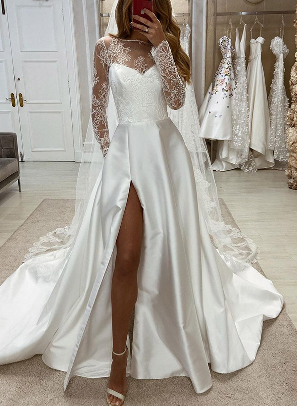 A-Line Illusion Neck Long Sleeves Satin Wedding Dresses With Lace