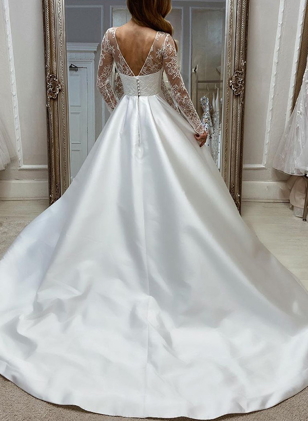 A-Line Illusion Neck Long Sleeves Satin Wedding Dresses With Lace