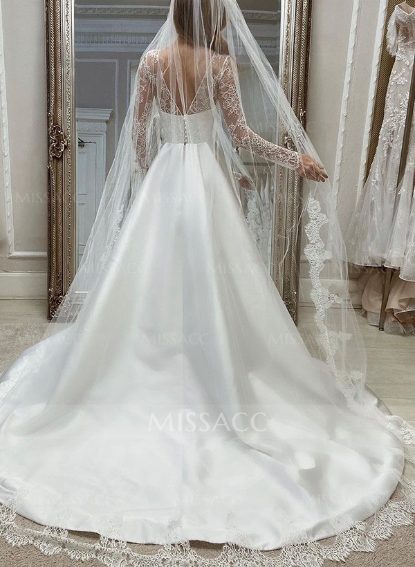 A-Line Illusion Neck Long Sleeves Satin Wedding Dresses With Lace
