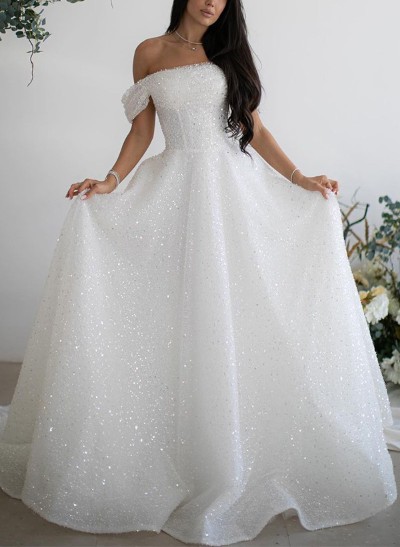 A-Line Off-The-Shoulder Sleeveless Sweep Train Sequined Wedding Dresses