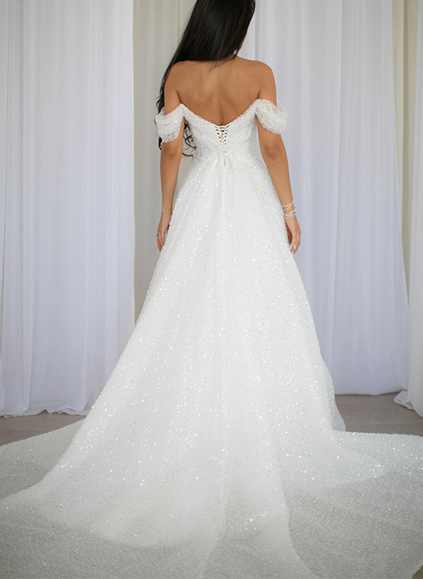 A-Line Off-The-Shoulder Sleeveless Sweep Train Sequined Wedding Dresses