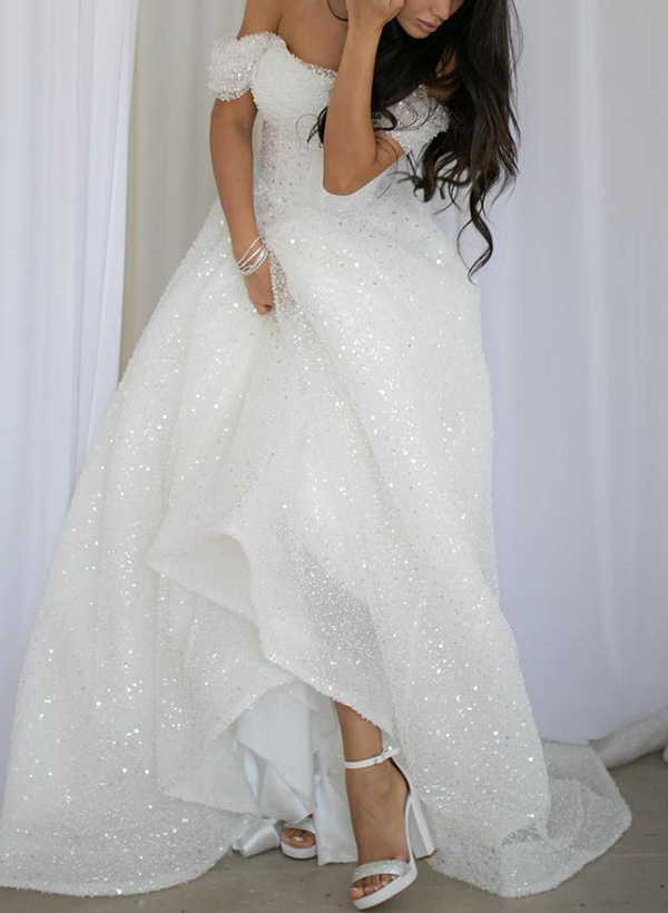 A-Line Off-The-Shoulder Sleeveless Sweep Train Sequined Wedding Dresses