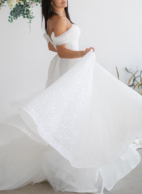 A-Line Off-The-Shoulder Sleeveless Sweep Train Sequined Wedding Dresses