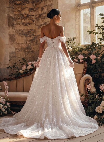 A-Line Off-The-Shoulder Sleeveless Sweep Train Sequined Wedding Dresses