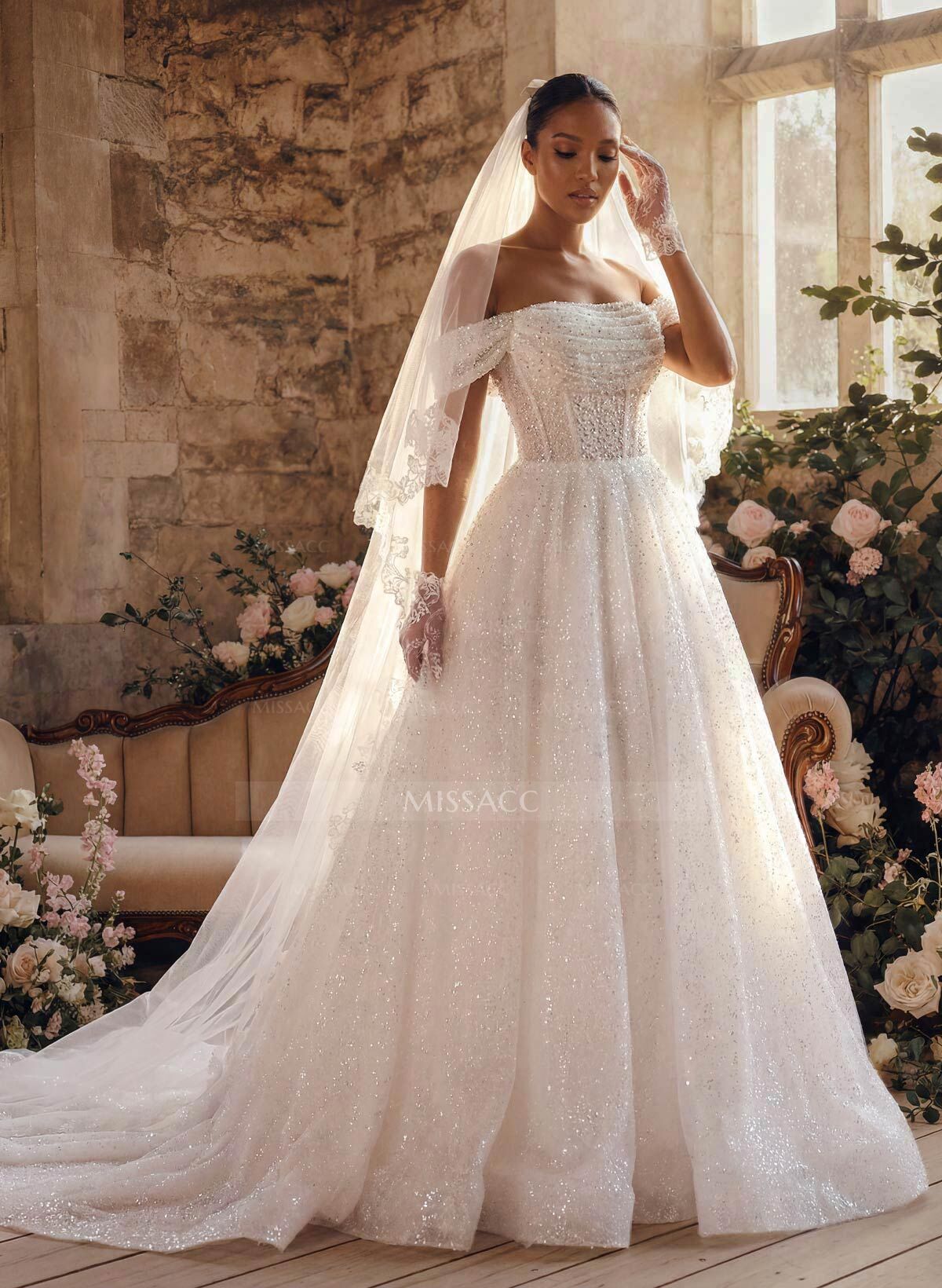 A-Line Off-The-Shoulder Sleeveless Sweep Train Sequined Wedding Dresses