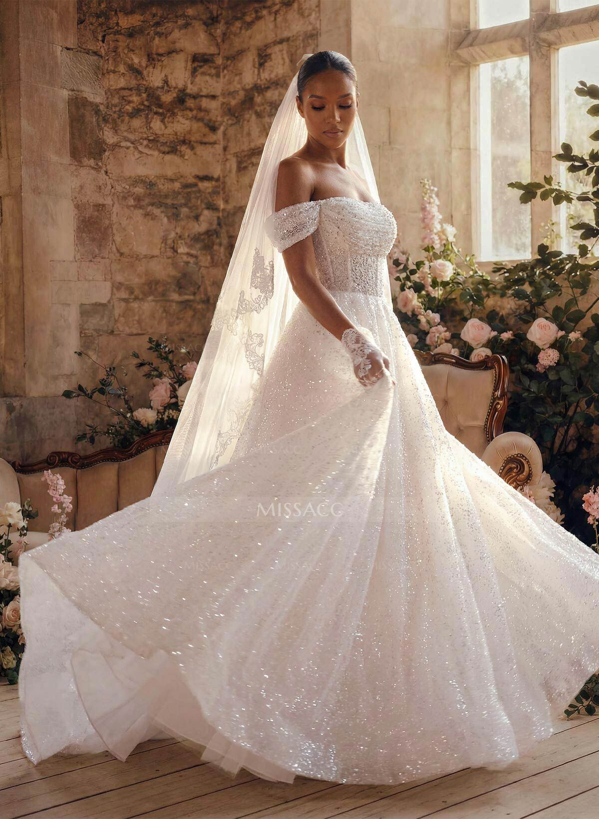 A-Line Off-The-Shoulder Sleeveless Sweep Train Sequined Wedding Dresses