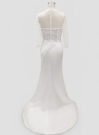 Trumpet/Mermaid V-Neck 3/4 Sleeves Lace/Satin Wedding Dresses With Beading/Appliques Lace
