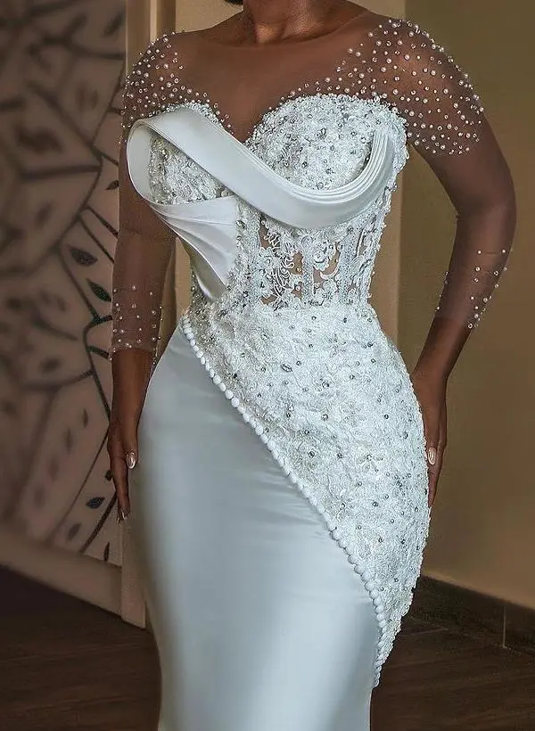Trumpet/Mermaid V-Neck 3/4 Sleeves Lace/Satin Wedding Dresses With  Beading/Appliques Lace - Missacc