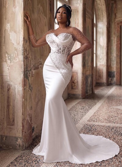 Trumpet/Mermaid V-Neck 3/4 Sleeves Lace/Satin Wedding Dresses With Beading/Appliques Lace