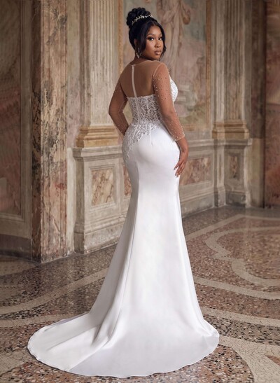 Trumpet/Mermaid V-Neck 3/4 Sleeves Lace/Satin Wedding Dresses With Beading/Appliques Lace