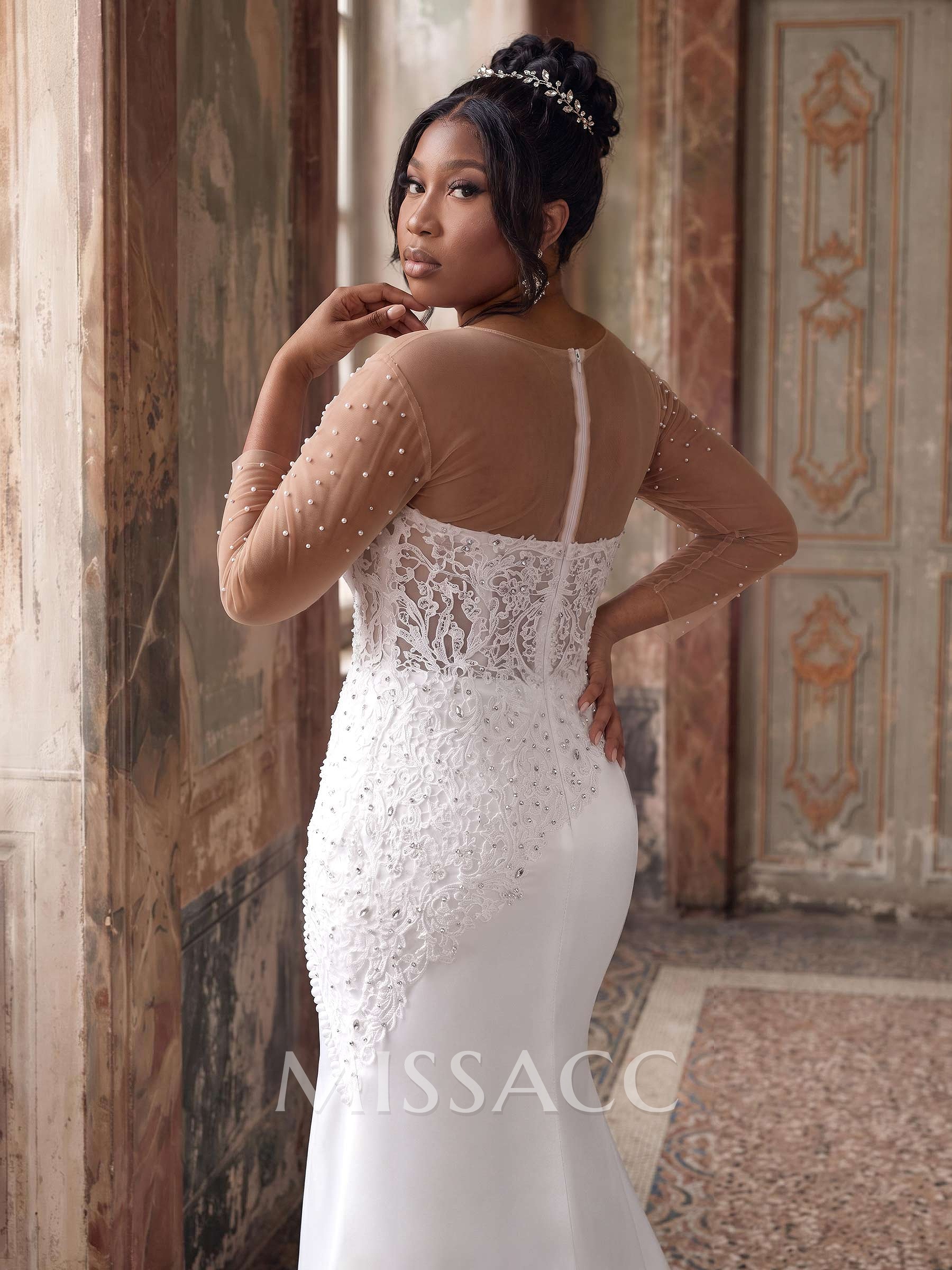 Trumpet/Mermaid V-Neck 3/4 Sleeves Lace/Satin Wedding Dresses With Beading/Appliques Lace Trumpet/Mermaid V-Neck 3/4 Sleeves Lace/Satin Wedding Dresses With Beading/Appliques Lace