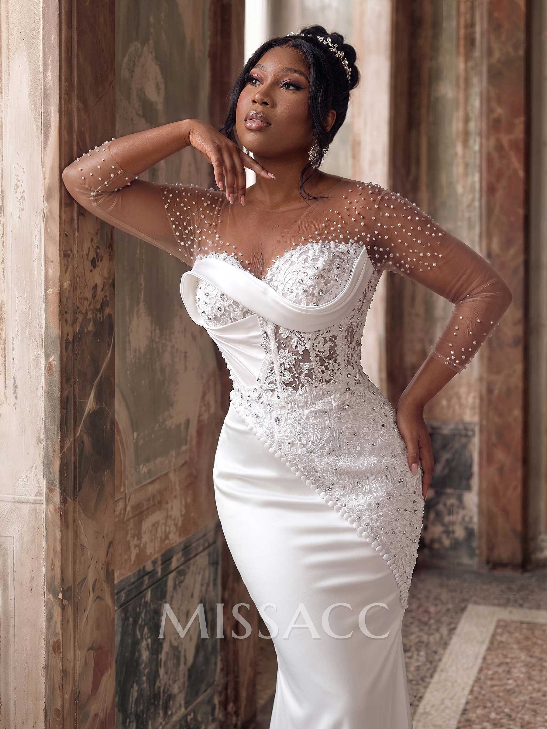 Trumpet/Mermaid V-Neck 3/4 Sleeves Lace/Satin Wedding Dresses With Beading/Appliques Lace Trumpet/Mermaid V-Neck 3/4 Sleeves Lace/Satin Wedding Dresses With Beading/Appliques Lace