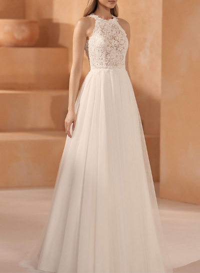 A-Line Halter Sleeveless Lace/Tulle Wedding Dresses With Appliques Lace