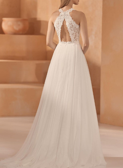 A-Line Halter Sleeveless Lace/Tulle Wedding Dresses With Appliques Lace