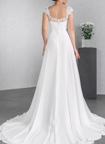 A-Line V-Neck Sleeveless Chiffon Wedding Dresses With Lace