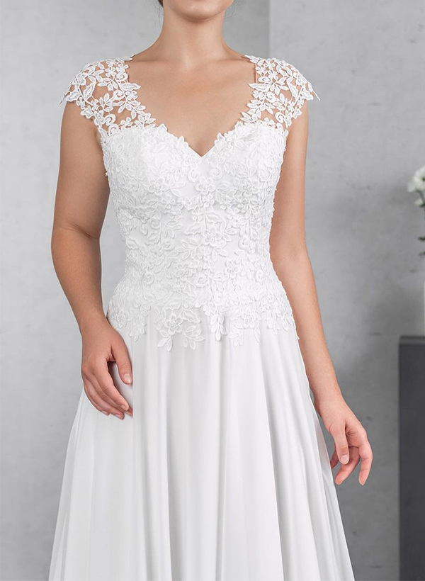 A-Line V-Neck Sleeveless Chiffon Wedding Dresses With Lace
